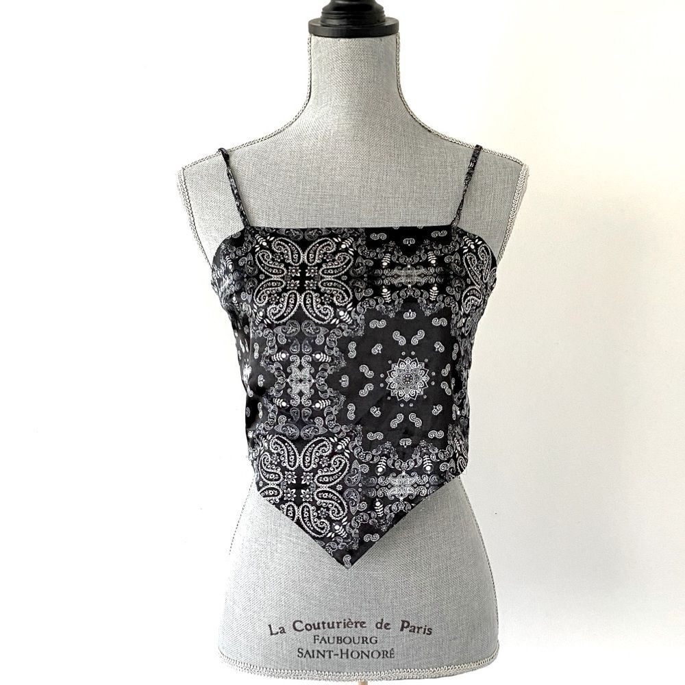 Black and White Paisley Print Top Bow Tie on Back sz Small Boho Hippie Beach